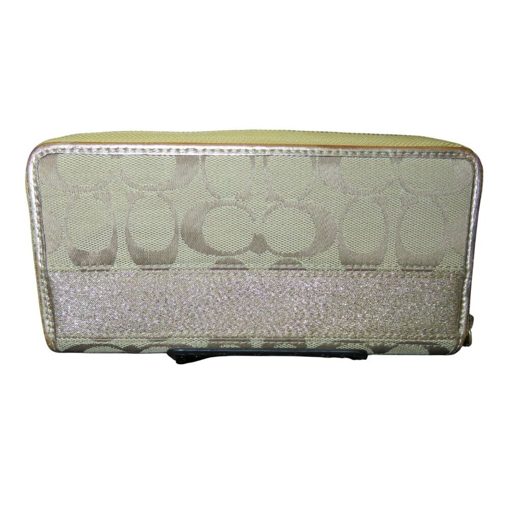 Coach Signature C Canvas Leather Glitter Zip Around & Snap Closure Long Wallet - Picture 2 of 12
